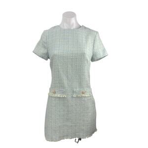 Bebop Blue Short Sleeve Tweed Crew Neck Fringe Faux Pocket A Line Mini Dress S
